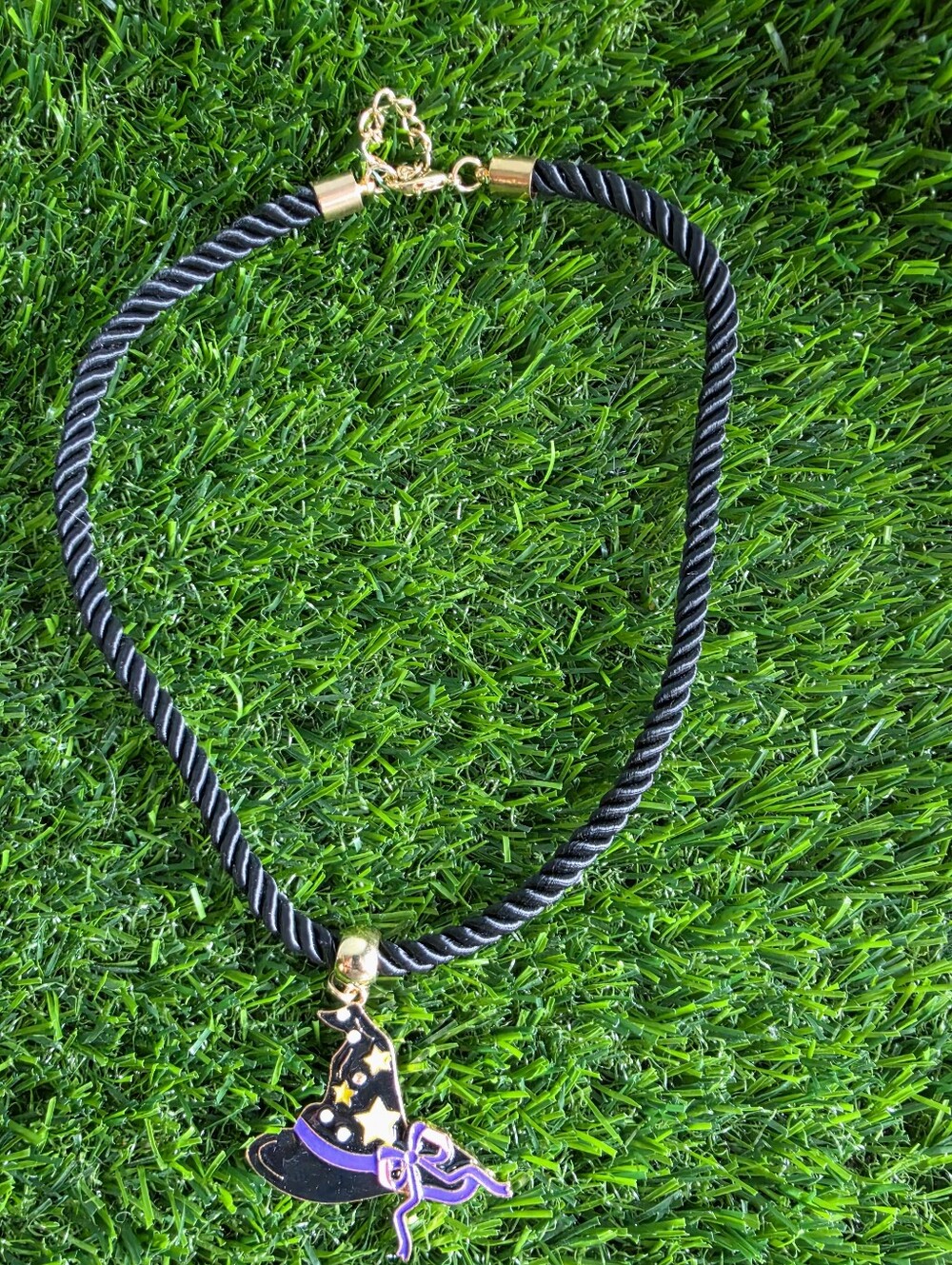 Black Rope Necklace with Purple & Gold Witch Hat Pendant - Unknown Brand